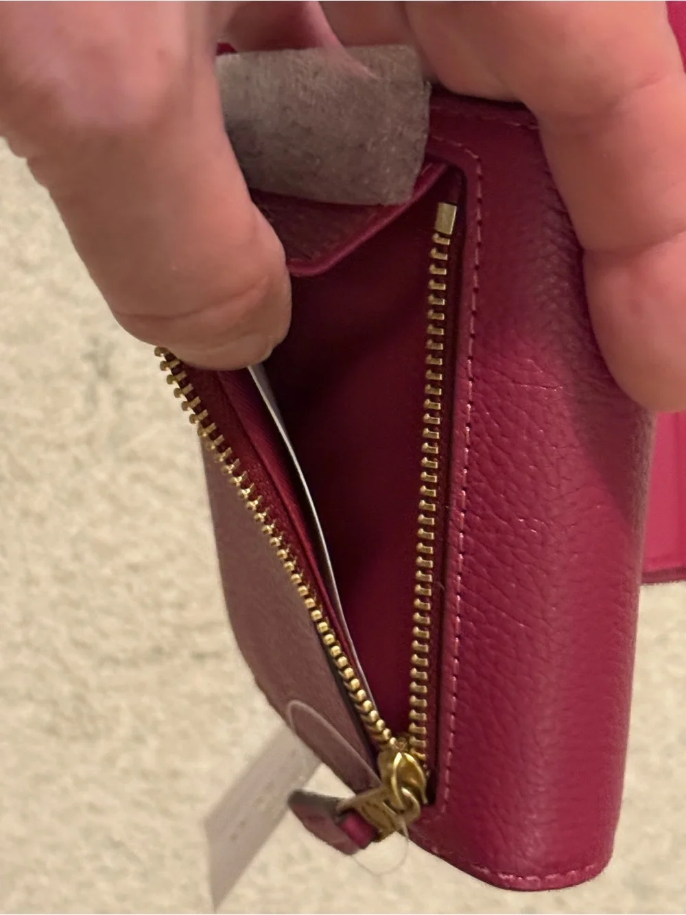Coach Pebbled Dark Fuchsia Leather Mila Small Flap Wallet with Gold C Accent